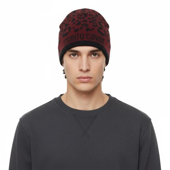 Roberto CavalliESZ031 02000 Maroon Leopard Beanie Hat
